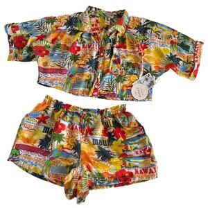Violet Sky Tropical Hawaiian Set Button Up Crop Top and Shorts Women’s Large NWT